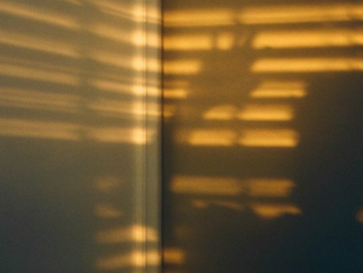 Shadow of a hand reaching across warm golden sunlight and window blind shadows on an interior wall.